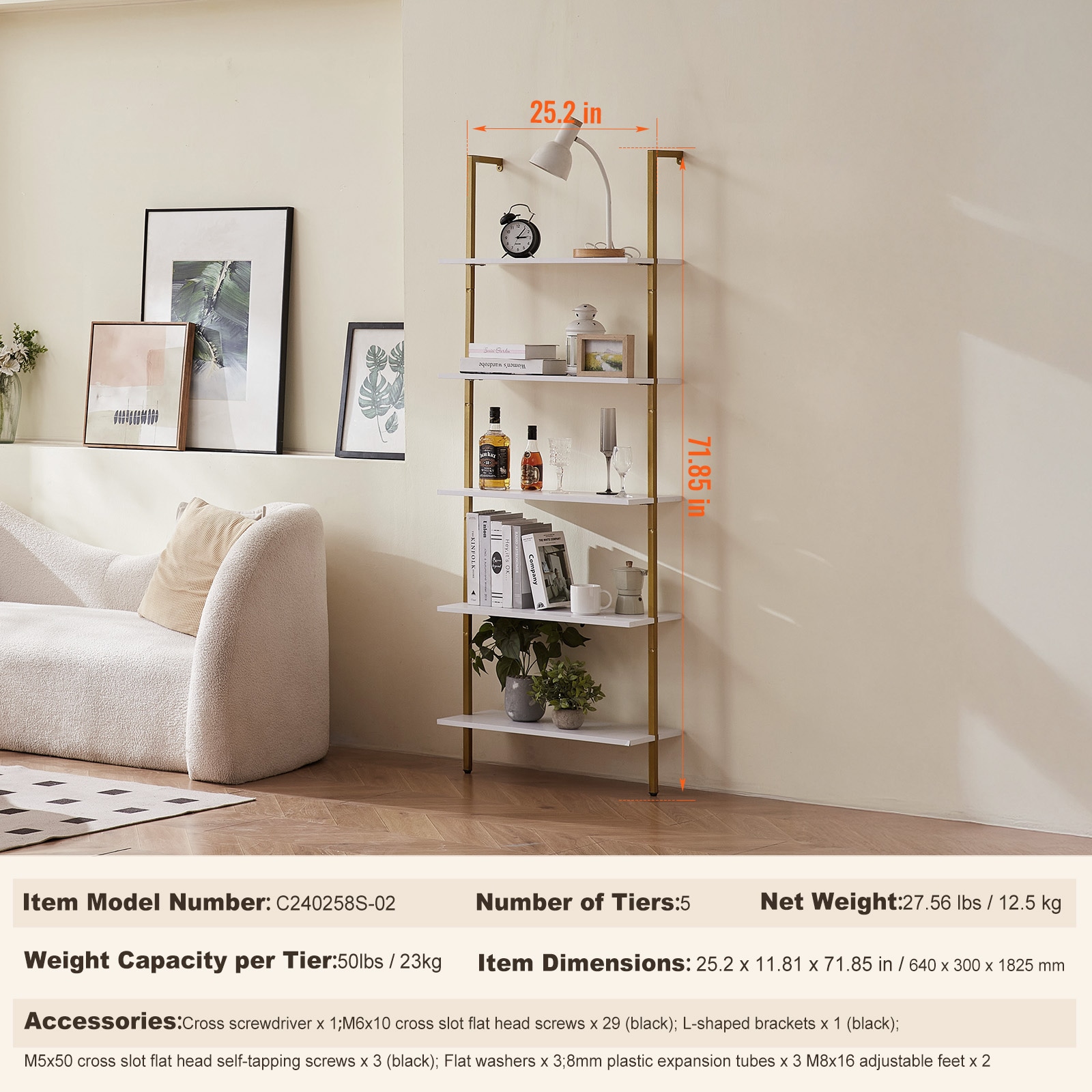 Industrial Square Pipe Shelf 5 Tier 24x11.8in Wall-Mount Gold White_voghion.com